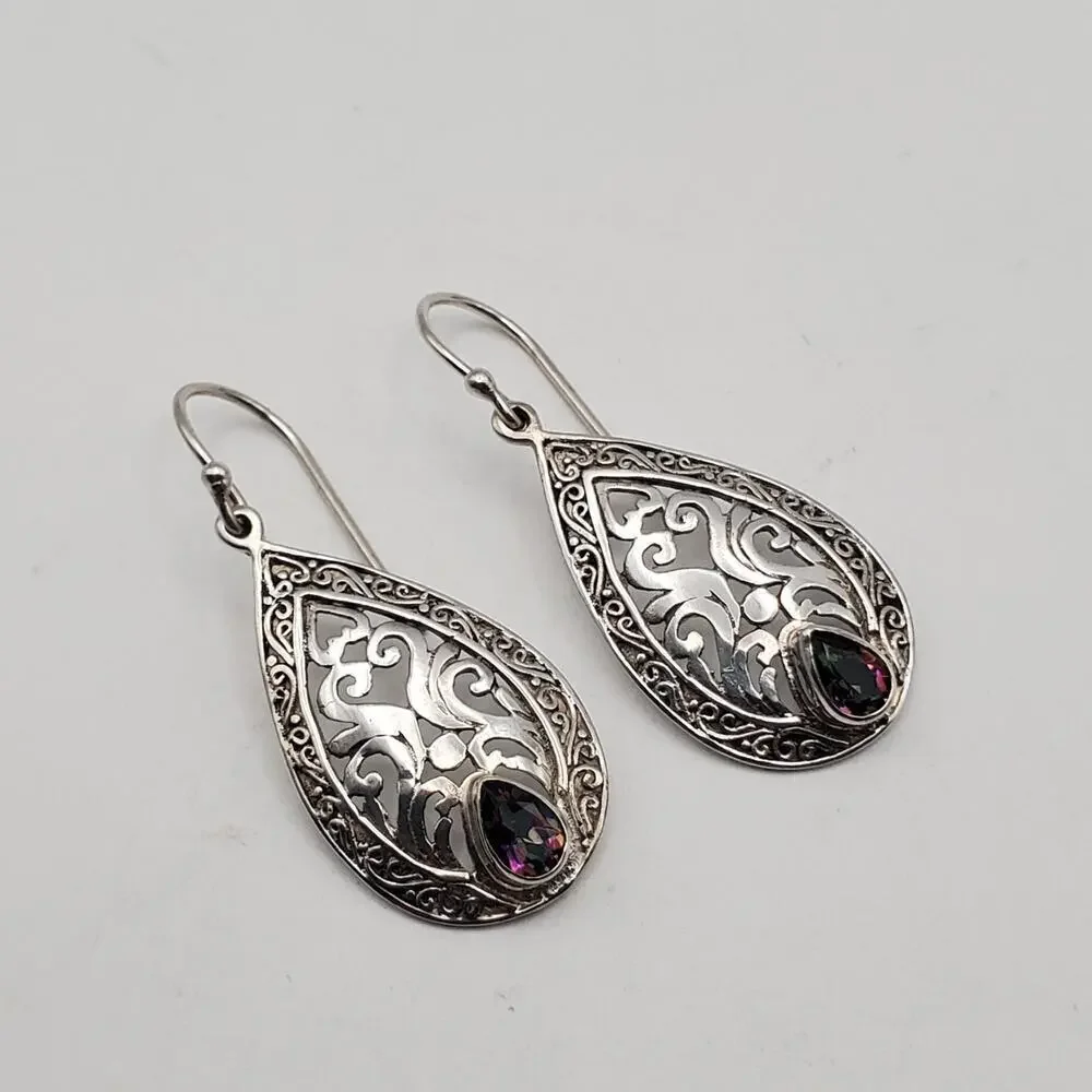 Sterling Silver 925 Mystic Topaz Dangle Filigree Pierced Hook Earrings 1.5